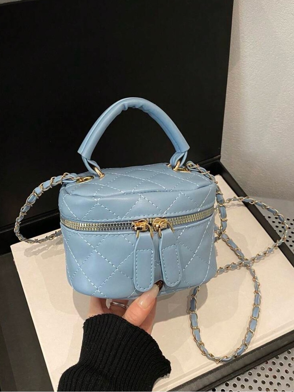 Quilted Light Blue Top-Handle Crossbody Bag
